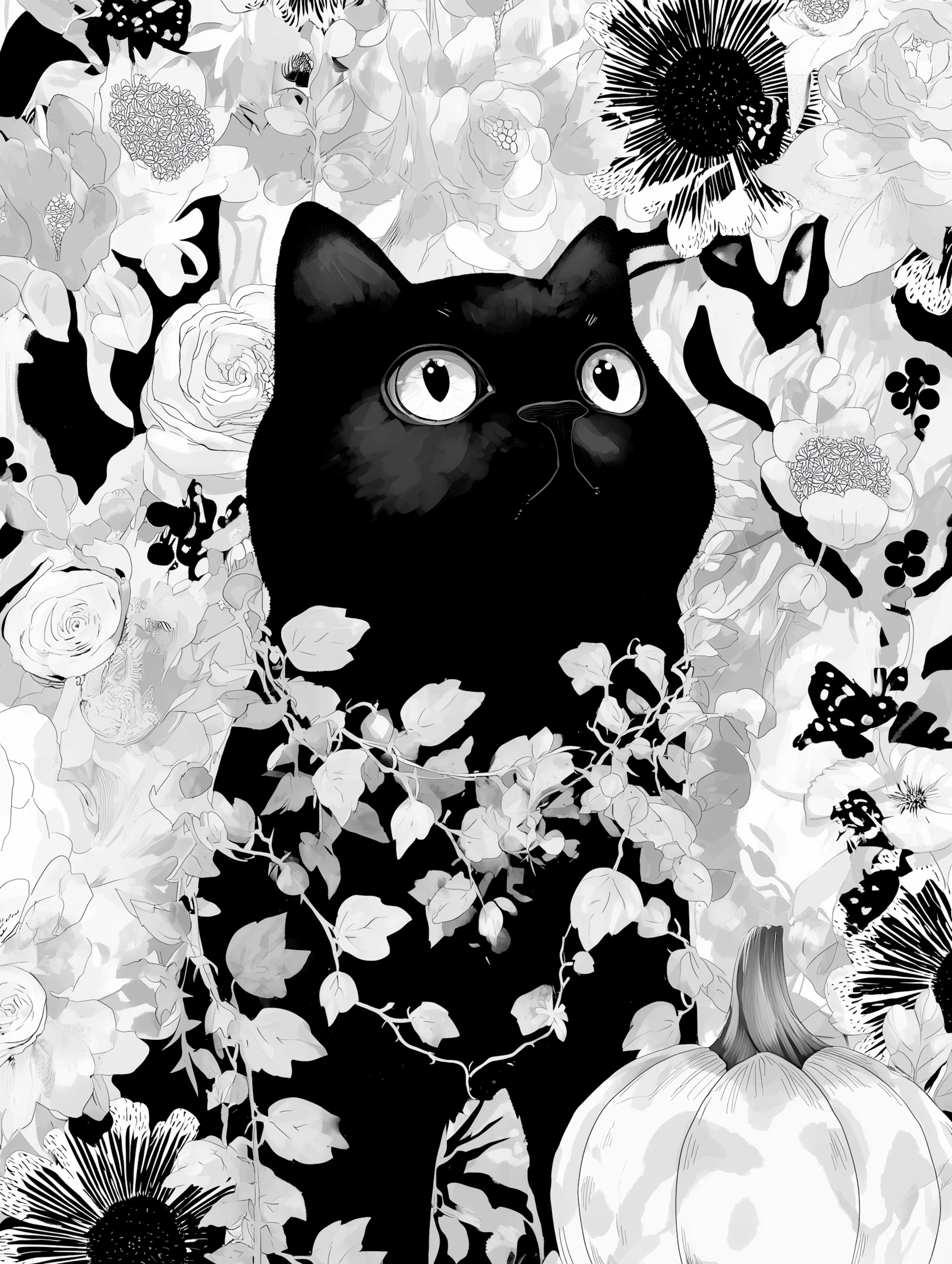Free printable black cat coloring page for adults featuring vine leaf necklace black cat